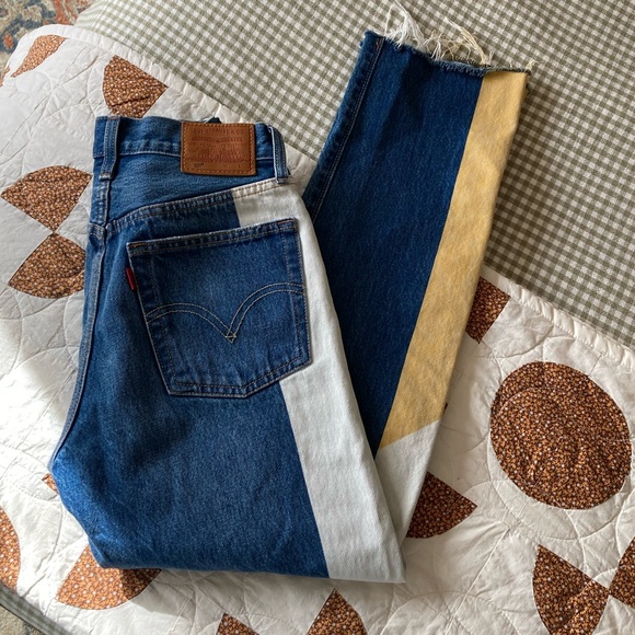 Levi's 501 Premium Denim High Waisted Colorblock Yellow Zip Ankle Jeans - Picture 3 of 4